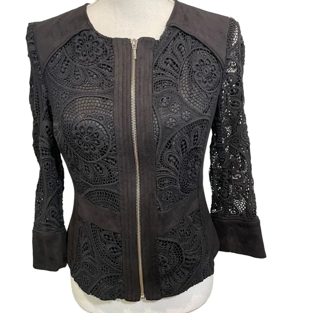 INC International Concepts Full Zip Suede and Crochet Jacket. Size S